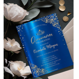 Invitación Tiara Dorada,Diamantes Quinceañera Azul Metálico