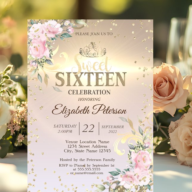 Invitación Tiara Dorada Dulces Diamantes Flores 16 Fiesta (Subido por el creador)