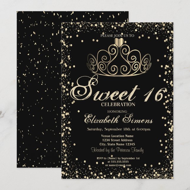 Invitación Tiara Dorada Elegante Diamantes Confeti Dulces 16 (Anverso / Reverso)
