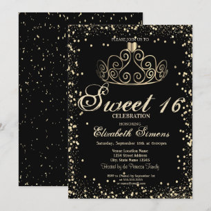 Invitación Tiara Dorada Elegante Diamantes Confeti Dulces 16