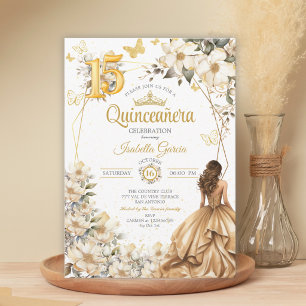 Invitación Tiara Dorada Flor Beige Mariposas Quinceañera