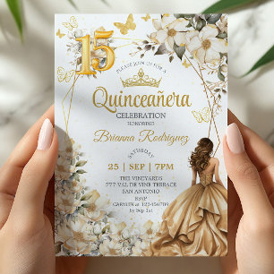 Invitación Tiara Dorada Floral Beige Quinceañera
