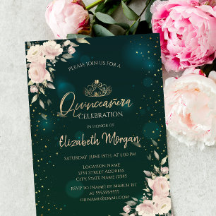 Invitación Tiara dorada, flores boho Quinceañera verde