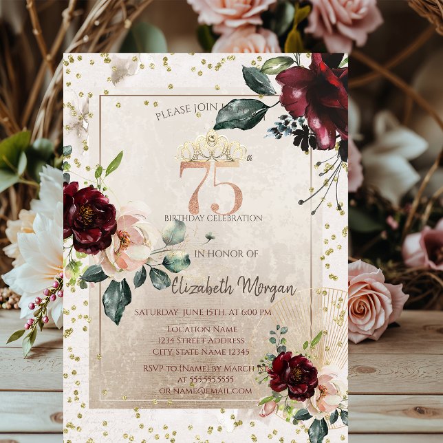 Invitación Tiara Dorada, Flores Burgundy Cumpleaños 75 (Subido por el creador)