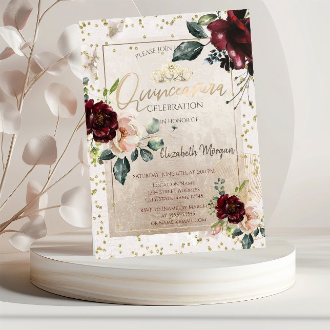 Invitación Tiara Dorada, Flores Burgundy Quinceañera (Subido por el creador)