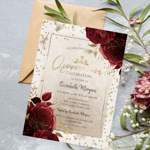 Invitación Tiara dorada, flores de color burdeos diamantes Qu