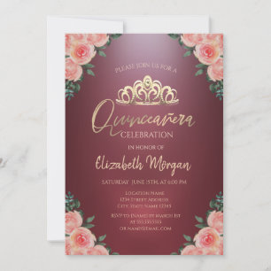 Invitación Tiara dorada flores de color burdeos rosas Quincea