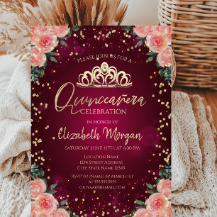 Invitación Tiara dorada, flores de color burgundy Quinceañera