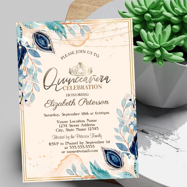 Invitación Tiara Dorada, Luces de Cadena Flores de Madera Qui (Subido por el creador)