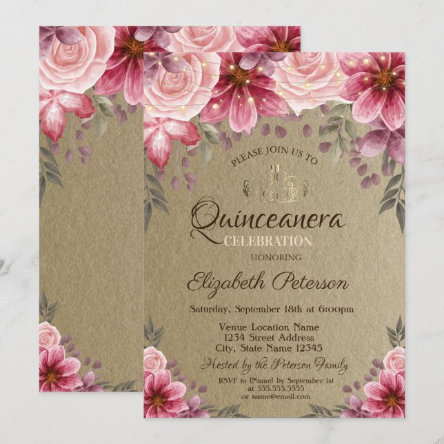Invitación Tiara Dorada, Luces de Cadena Flores Kraft Quincea (Anverso / Reverso)
