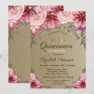 Invitación Tiara Dorada, Luces de Cadena Flores Kraft Quincea
