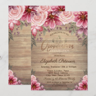 Invitación Tiara Dorada, Luces de Cadena Flores Madera Quince