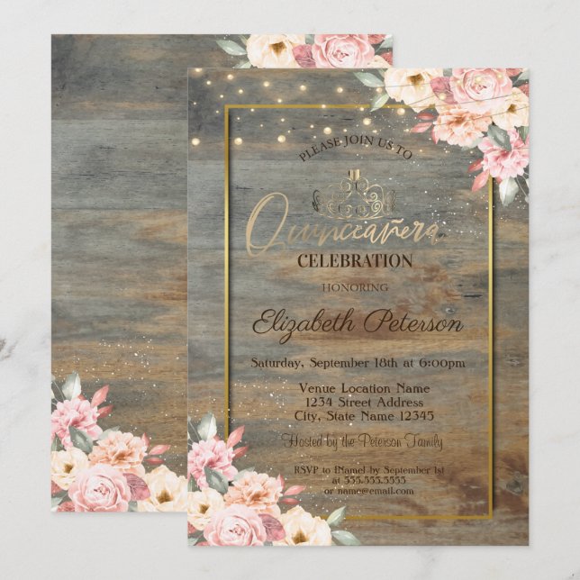 Invitación Tiara dorada, Marco dorado, Madera floral Quinceañ (Anverso / Reverso)