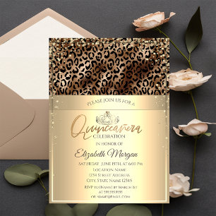 Invitación Tiara dorada,Quinceañera de estampado de leopardo 