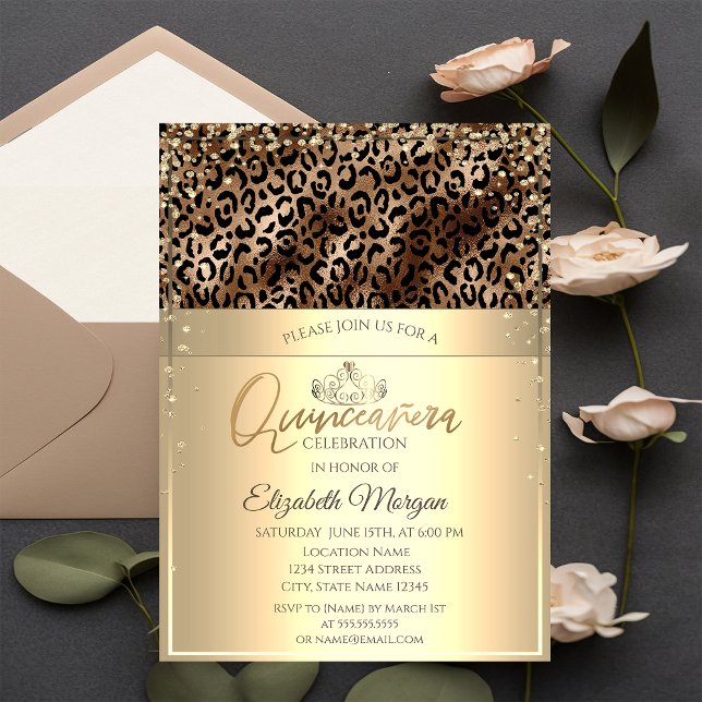 Invitación Tiara dorada,Quinceañera de estampado de leopardo  (Subido por el creador)