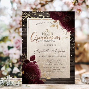 Invitación Tiara Dorada,Rosas Burgundy de Madera Quinceañera 