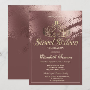Invitación Tiara Dorada Sweet 16 Trazo de Pincel Rosa Dorado