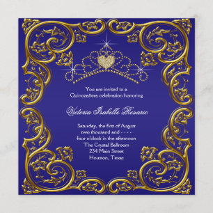 Invitación Tiara Dulce 15 Quinceañera Azul Marino Dorado