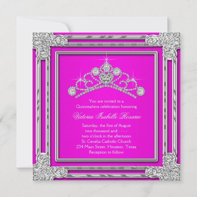Invitación Tiara Dulce Rosado Caliente 15 Quinceanera (Anverso)