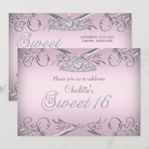 Invitación Tiara Dulces 16 Cumpleaños Rosa Plata