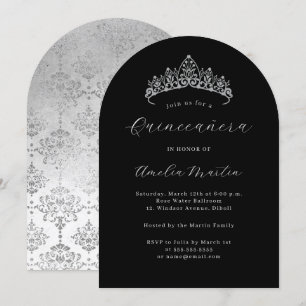 Invitación Tiara Elegante Negra Plateada Quinceanera 