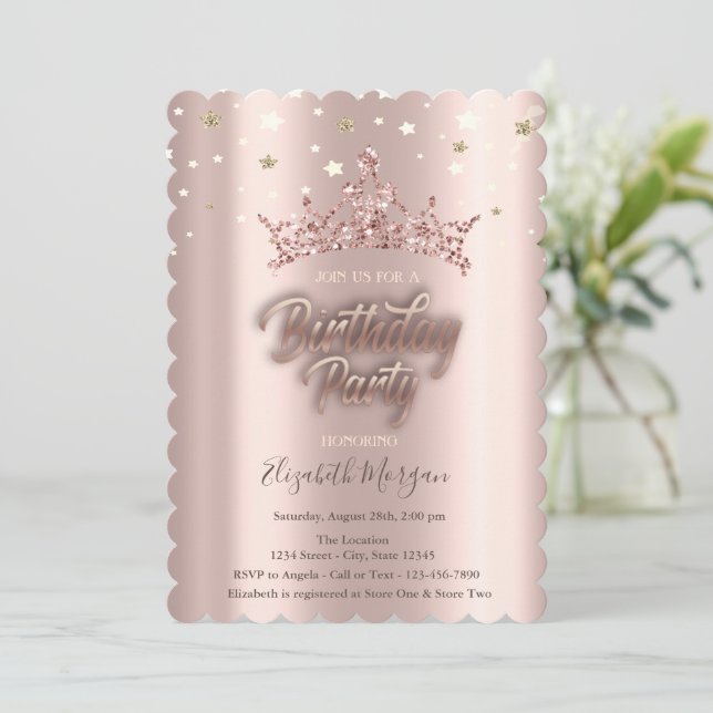 Invitación Tiara Estrellas Cumpleaños Rosa Dorado (Anverso de pie)