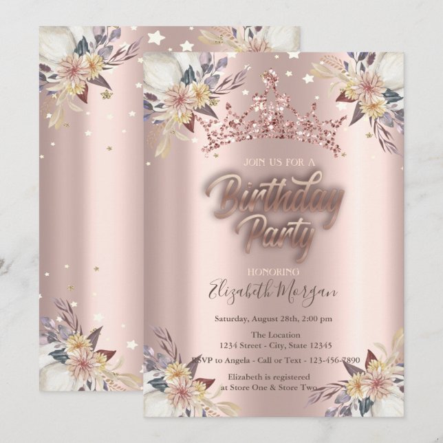 Invitación Tiara Estrellas Flores Rosa Dorado Cumpleaños  (Anverso / Reverso)
