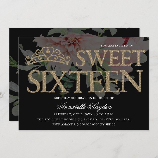 Invitación Tiara Floral Black and Gold Sweet 16 (Anverso / Reverso)
