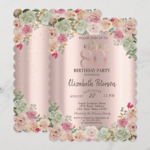 Invitación Tiara, Floral Confeti Cumpleaños 80