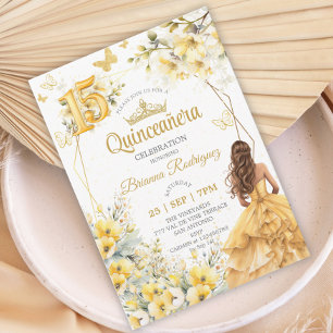 Invitación Tiara floral de mariposa amarilla dorada Quinceañe