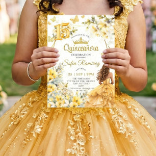 Invitación Tiara floral de mariposa amarilla dorada Quinceañe