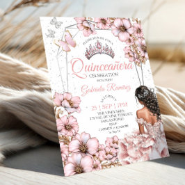 Invitación Tiara floral de mariposa de plata rosa Quinceañera
