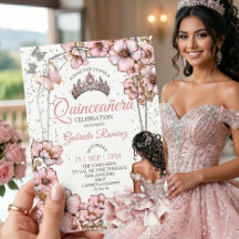 Tiara floral de mariposa de plata rosa Quinceañera