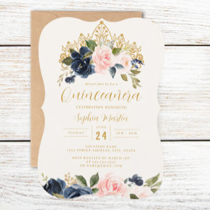 Invitación Tiara floral de Navy Blush para Quinceañera
