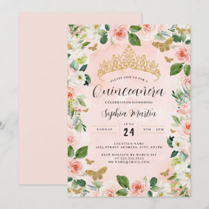 Invitación Tiara Floral de Oro Rosa Mariposa Quinceañera