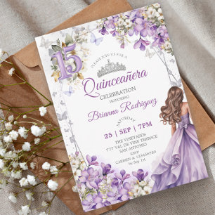Invitación Tiara Floral de Plata Lavanda Quinceañera