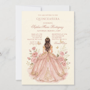 Invitación Tiara floral de princesa de oro rosado Quinceañera