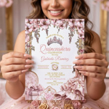 Tiara floral de quinceañera de oro y rosa rubor