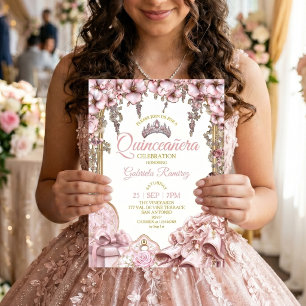 Invitación Tiara floral de quinceañera de oro y rosa rubor