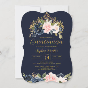 Invitación Tiara floral de quinceañera en azul marino con rub