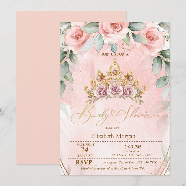 Invitación Tiara Floral de Rosas Baby Shower (Anverso / Reverso)