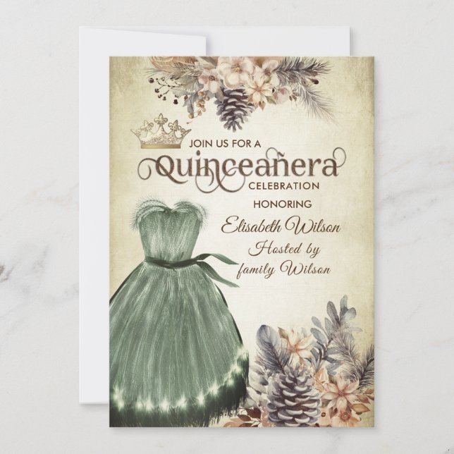 Invitación Tiara floral elegante de otoño Quinceañera (Anverso)
