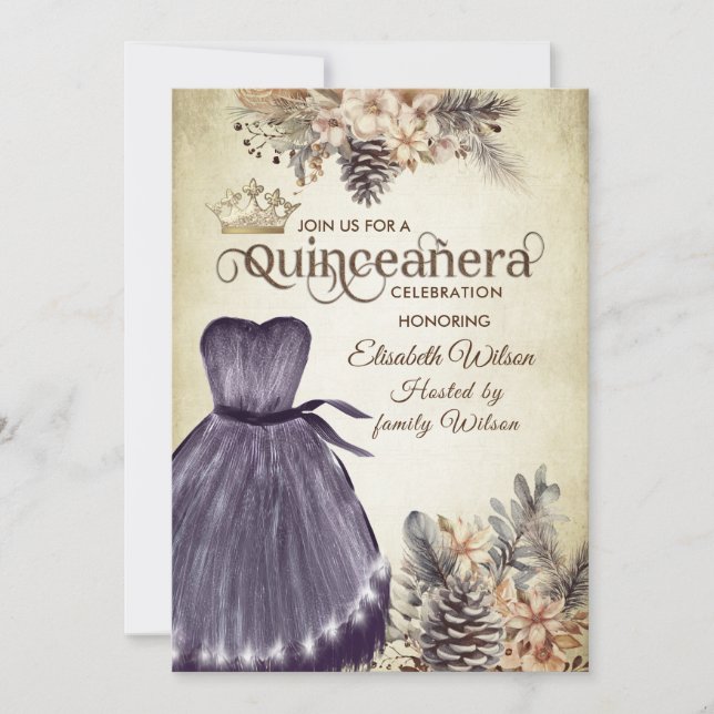Invitación Tiara floral elegante de otoño Quinceañera (Anverso)