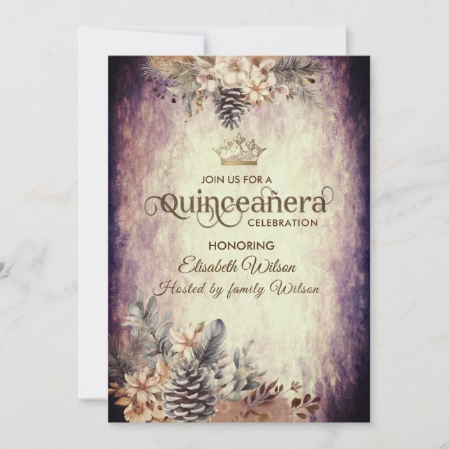 Invitación Tiara floral elegante de otoño Quinceañera (Anverso)