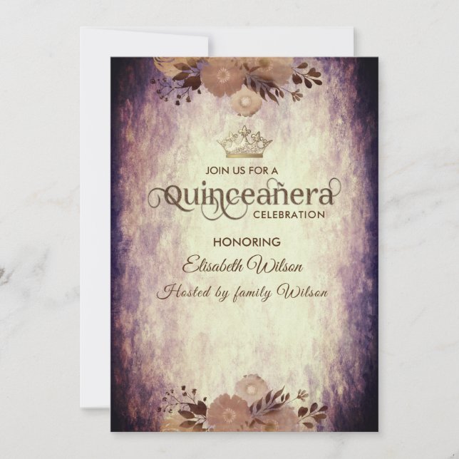 Invitación Tiara floral elegante de otoño Quinceañera (Anverso)