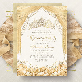Invitación Tiara Floral Gold Yellow Moderno Quinceanera