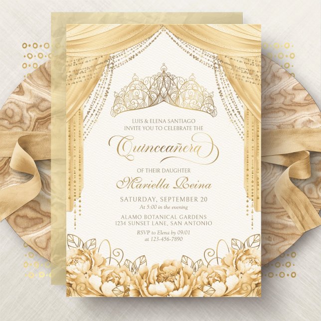 Invitación Tiara Floral Gold Yellow Moderno Quinceanera (Subido por el creador)