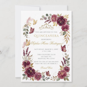 Invitación Tiara Floral Mariposa Borgoña Dorada Quinceañera