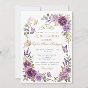 Invitación Tiara Floral Mariposa Morado Dorado Quinceañera