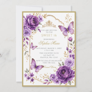 Invitación Tiara Floral Mariposa Morado Dorado Sweet 16